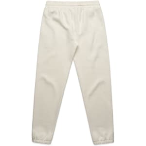 Cream-coloured track pants with an elastic waistband and cuffs, featuring a logo.