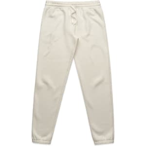 Light cream track pants with an elastic waistband and cuffs, featuring a branding logo.