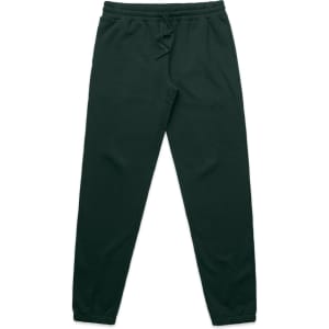 Dark green track pants featuring a logo, with a tapered fit and elastic waistband.