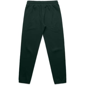 Dark green track pants with an elastic waistband and tapered legs, featuring a logo.