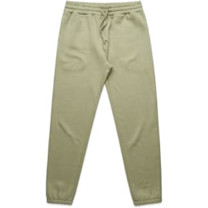 Olive green track pants featuring an elastic waistband and ankle cuffs, with a logo on the side.