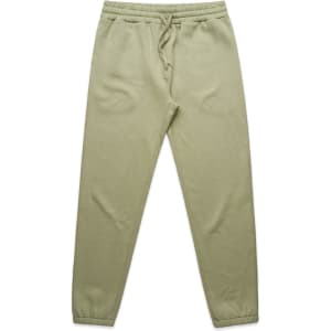 Light green track pants with an elastic waistband and cuffs, featuring a drawstring and a logo.