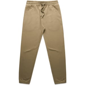 A pair of beige track pants with an elastic waistband and cuffs, featuring a drawstring and a logo.