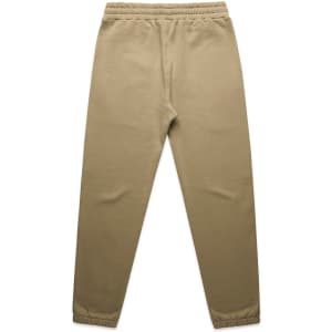 Tan track pants with an elastic waistband and cuffs, featuring a simple design and branding.