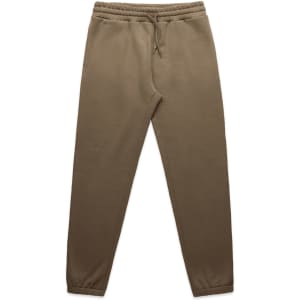 Khaki track pants featuring an elastic waistband and cuffs, alongside a logo.