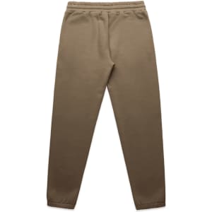 A pair of brown track pants with an elastic waistband and cuffs. Features a logo on the waistband.