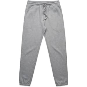 Grey track pants featuring an elastic waistband and cuffs, with a drawstring for adjustable fit.