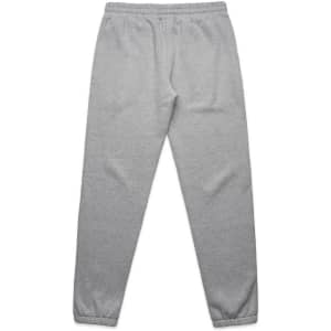 Grey track pants with an elastic waistband and cuffs, featuring a logo on one side.