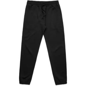 Black track pants featuring an elastic waistband and cuffs, with a drawstring and a brand logo.