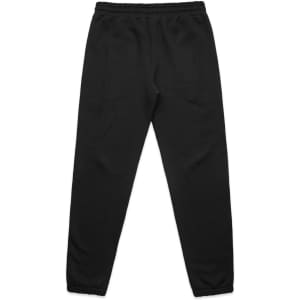A pair of black track pants with an elastic waistband and tapered cuffs, featuring a logo on the front.
