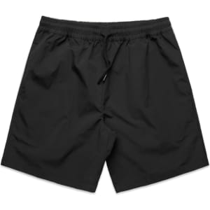 Black sports shorts featuring an elastic waistband and a drawstring, with a logo on one side.