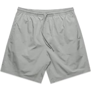 Active training shorts in a light grey shade, featuring an elastic waistband and a drawstring, with a logo.
