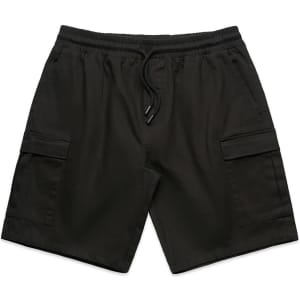 Cargo walk shorts in dark green with an elastic waistband, featuring side pockets and a brand logo.