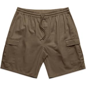 Cargo shorts in a rich brown colour feature an elastic waistband and multiple side pockets. There is a logo present.