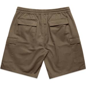 Cargo walk shorts in a khaki colour, featuring a relaxed fit and multiple pockets on the back. Has a logo.