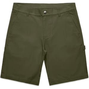 Utility shorts in olive green, featuring multiple pockets and a button closure, with an attached logo.