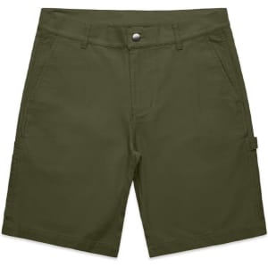 Utility shorts in dark green with a button closure and multiple pockets. Features a logo on the fabric.