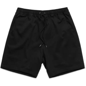 Black walk shorts with an elastic waist, drawstring, and side pockets. Features a logo on the garment.