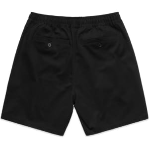 Black Walk Shorts with an elastic waistband and two buttoned back pockets. Features a logo on the waistband.