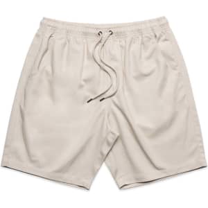 Beige 18" walk shorts featuring an elastic waistband and drawstring, with side pockets and a branding logo.