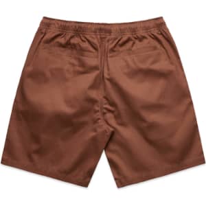 Brown walk shorts with an elastic waistband and two rear pockets. Features a logo.