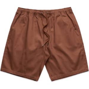 Brown dress shorts with an elastic waistband and pockets, featuring a drawstring at the front.