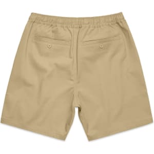 Khaki walk shorts with an elastic waistband, featuring two back pockets and a logo on the waistband.