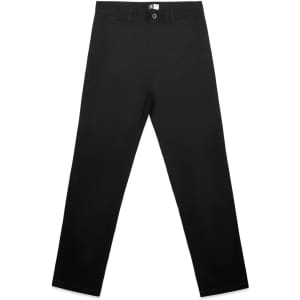 Black straight pants displayed flat, featuring pockets and a button closure, with a small logo detail.