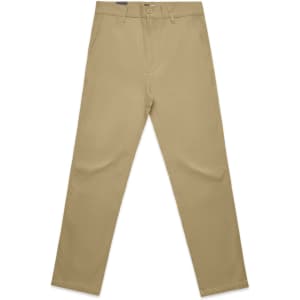 Khaki straight pants with a classic slacks design, featuring a front button closure and pockets. Includes branding.