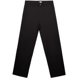 Black relaxed pants with a straight-leg design, featuring a front button and logo on the waistband.