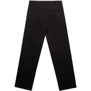 Black relaxed pants with a straight leg design and back pockets, featuring branding on the waistband.