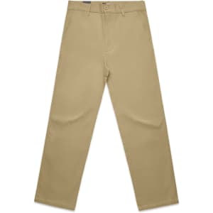 A pair of relaxed, beige slacks with a button and zipper closure, featuring pockets and a branding label.