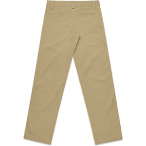 A pair of beige relaxed pants with a straight leg design and two back pockets. The product features a logo.