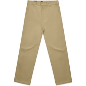 Relaxed beige pants with a straight cut, featuring front pockets and a logo on the waistband.