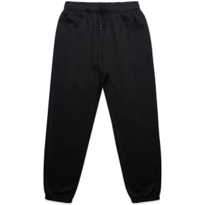 Black track pants made from soft fabric, featuring an elastic waistband and ankle cuffs. Includes side pockets and a logo.