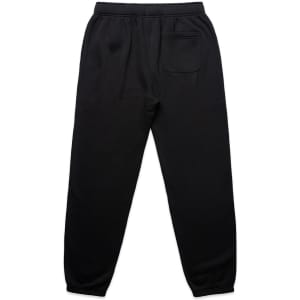 Black track pants featuring an elastic waistband and a single back pocket. The design is simple and functional.