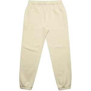 Cream-coloured track pants featuring an elastic waistband and cuffs, with a logo on the side.