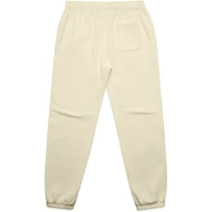 Cream-coloured track pants with elastic cuffs and a single back pocket. Features a logo.