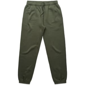Olive green track pants with an elastic waistband and cuffs. Includes pockets and a drawstring. Features a logo.