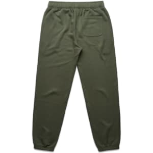Olive green track pants with an elastic waistband and a back pocket. Features a logo design.