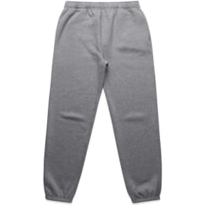 A pair of grey track pants with an elastic waistband and fitted cuffs, featuring a logo.