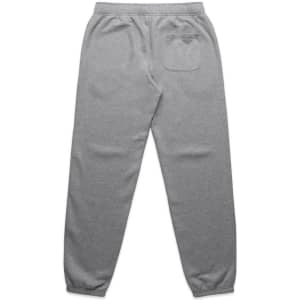 Grey track pants featuring a tapered leg design and a back pocket, with an elastic waistband.