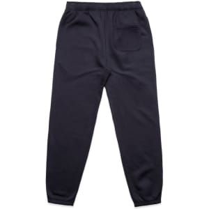 Navy track pants with an elastic waistband and a single back pocket, featuring a logo.
