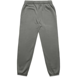 A pair of grey track pants with an elasticised waistband and fitted cuffs, featuring a logo.