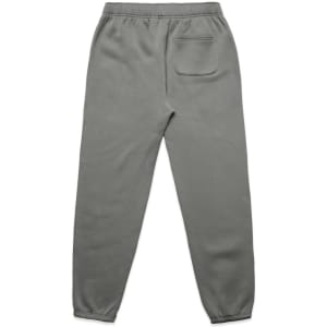A pair of grey track pants with an elastic waistband and a single back pocket. Features a branding logo.