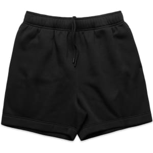 Black track shorts with an elastic waistband and drawstring, featuring a relaxed fit and side pockets.