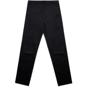 Black straight elastic pants displayed on a white background, featuring a simple design and a logo.