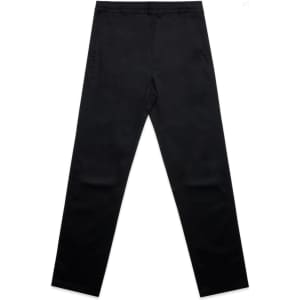 Black straight elastic pants with a smooth texture, featuring a waistband and a brand logo.