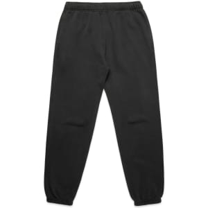 Relaxed black track pants with an elastic waistband and cuffs, featuring side pockets and a brand logo.