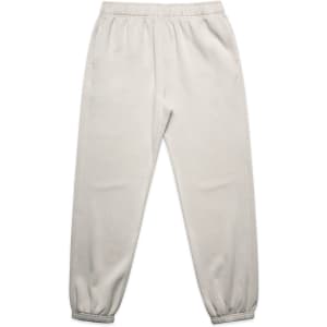 Light grey relaxed track pants with an elastic waistband and cuffs, featuring a logo on the waistband.